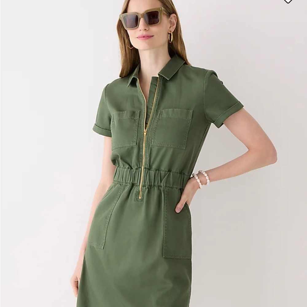 Zip front chino dress by J Crew, size 4, green color.